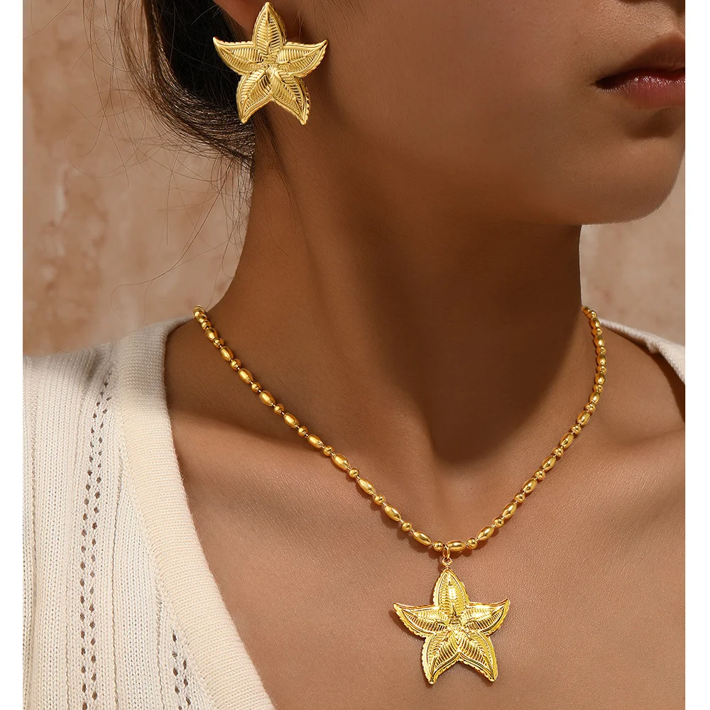 

Boho Style Pentagram Starfish Stud Earrings and Necklace Set, Waterproof and Colorfast, Women's Jewelry, Wedding Party Favors