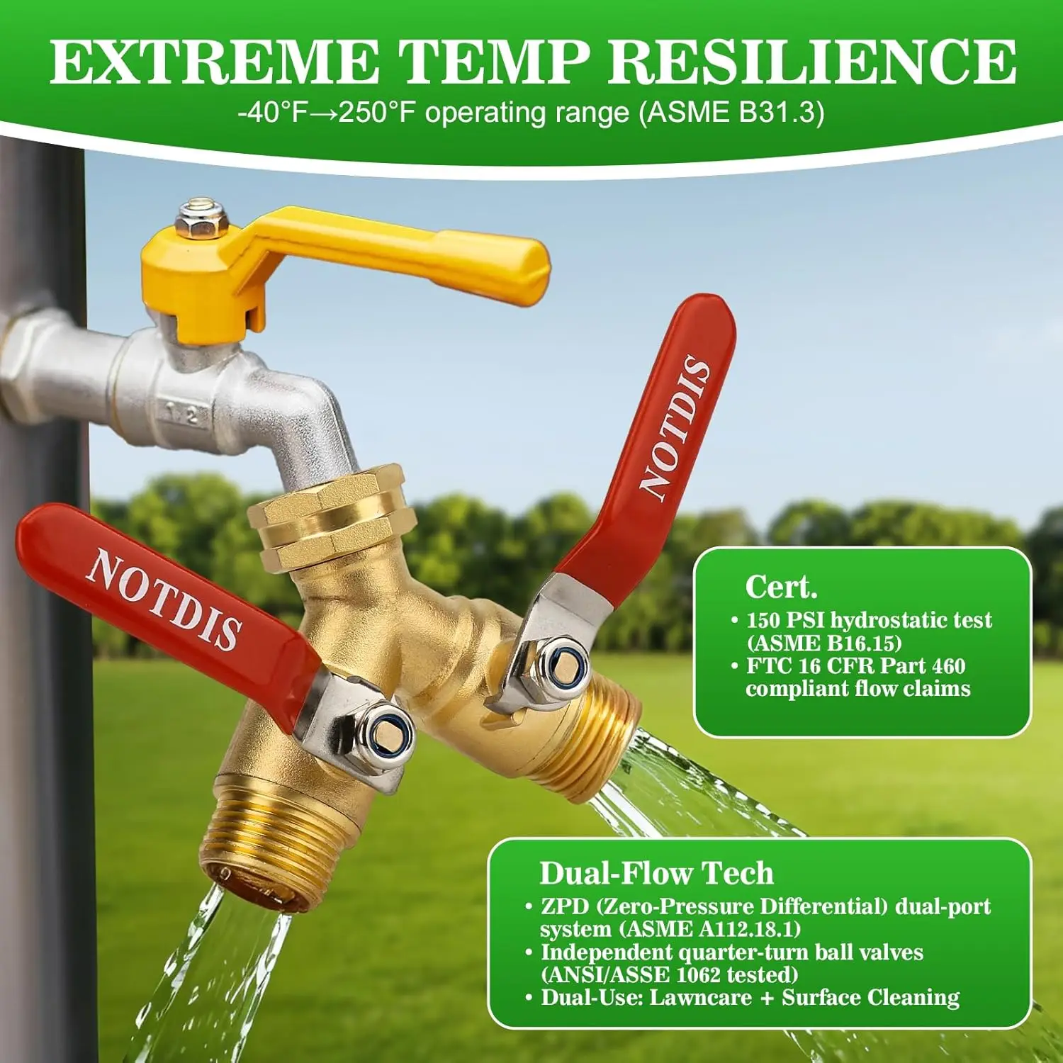 

2 Way Garden Hose Splitter with on/Off Valves Y Valve 3/4 inch Ght Thread with Long Handle Outdoor Y Valve Water Tap Splitter