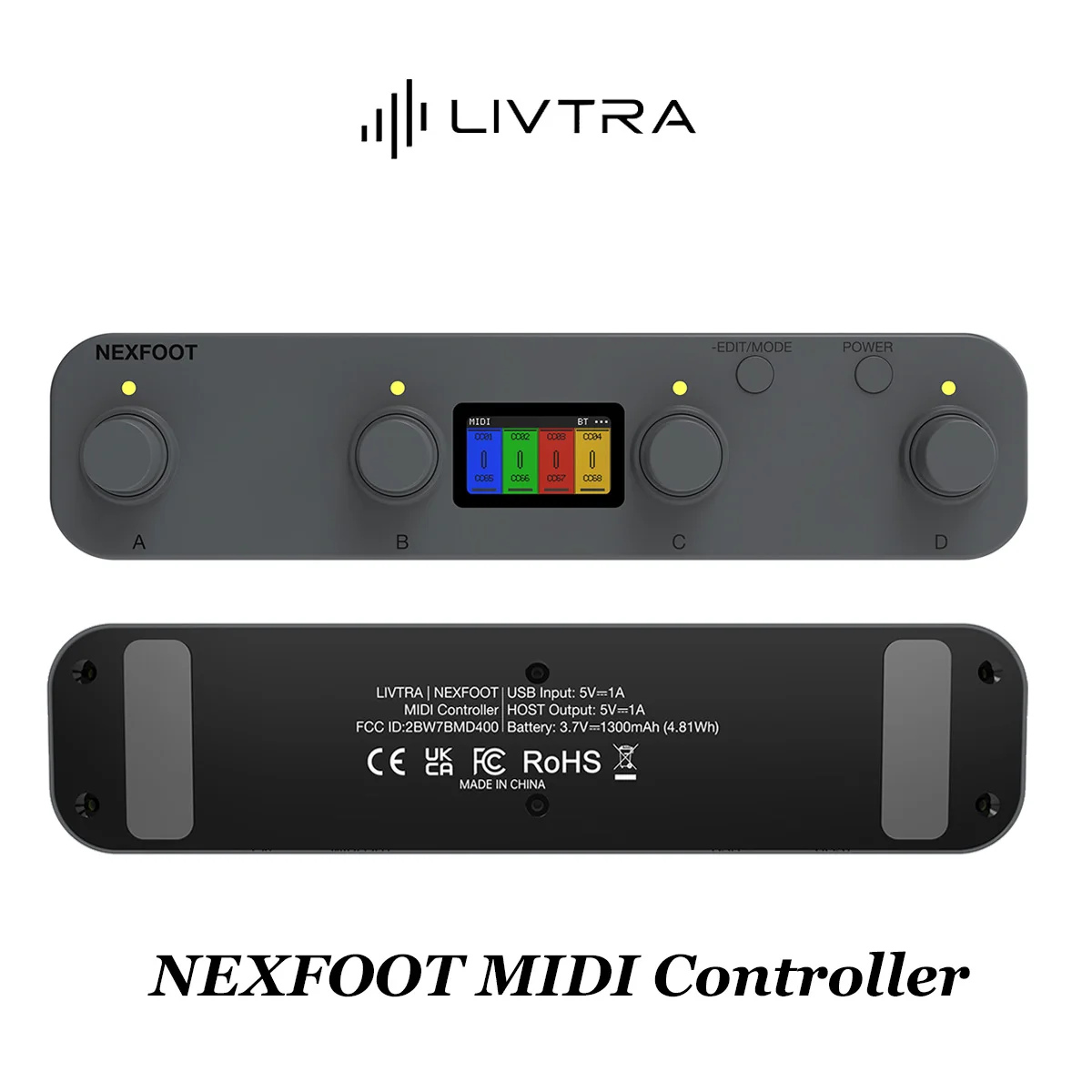 LIVTRA NEXFOOT MIDI Controller - 4 Encoders, Dual Mode, Wireless Ready