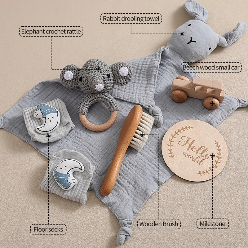 Baby Gift Set Newborn Infant Baby Towel Newborn Bath Toy Baby Drool Towel  Wood Rattle  Growth Milestone  Wool Brush  Baby Socks