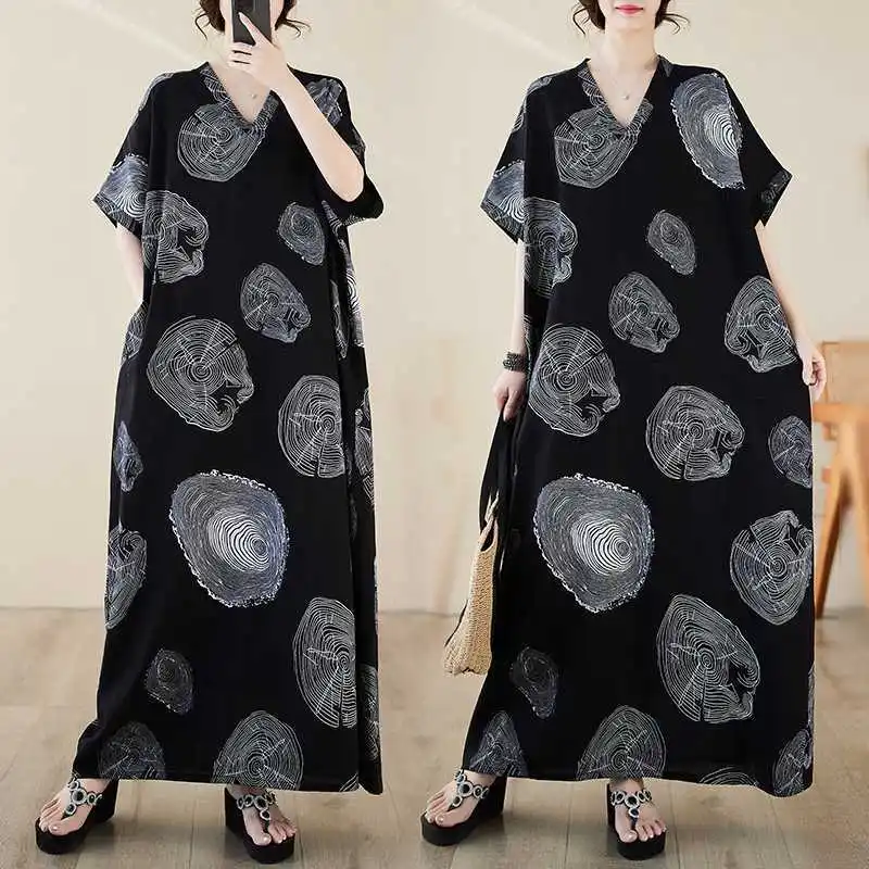 

Plus Size Women's Short Sleeve V-neck Maxi Dress Summer Print Dress