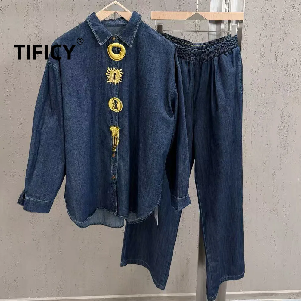 High Street 2pc Set Women's Fashionable Loose Autumn New Metal Decoration Shirt Wide Leg Pants Casual Two-piece Set