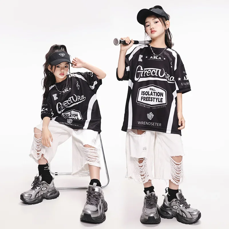 

New Street Hip Hop Dance Costume for Girls Performance Outfit Black T Shirt Tops White Shorts Summer Fashion Stage Wear Clothing