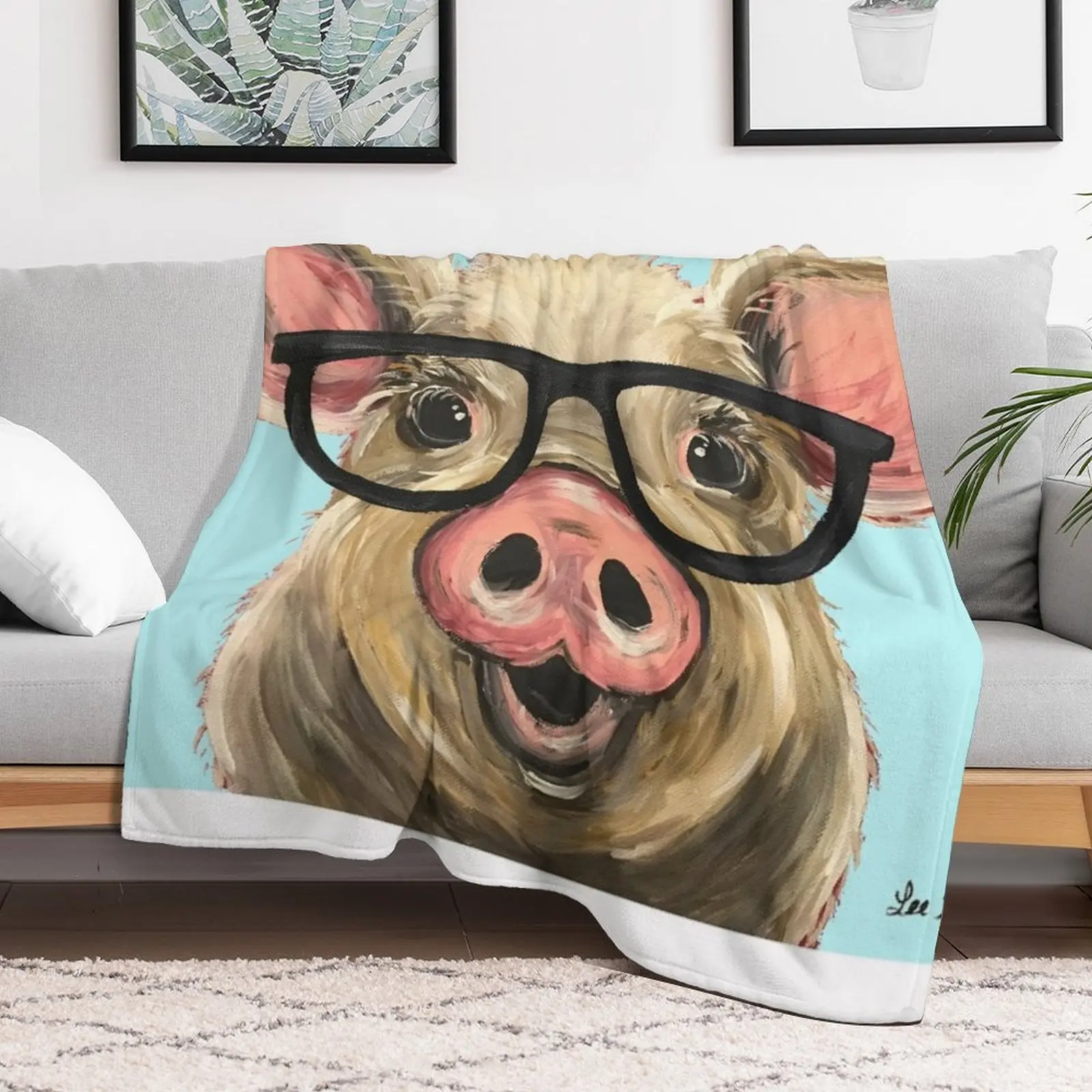 Cute pig with glasses art Throw Blanket Furry Sofas Blankets