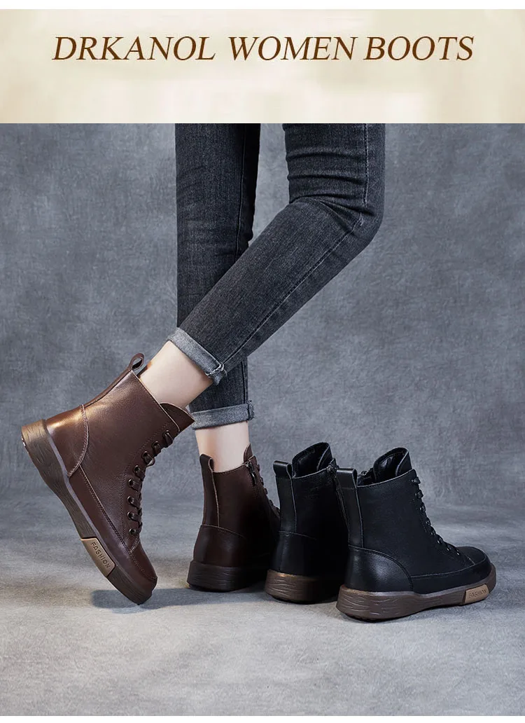 DRKANOL Frauen Echtes Leder Kurze Stiefel Runde Kappe Aus Echtem Leder Handgemachte Retro Street Style Winter Warme Wohnungen Stiefeletten – Detail 3