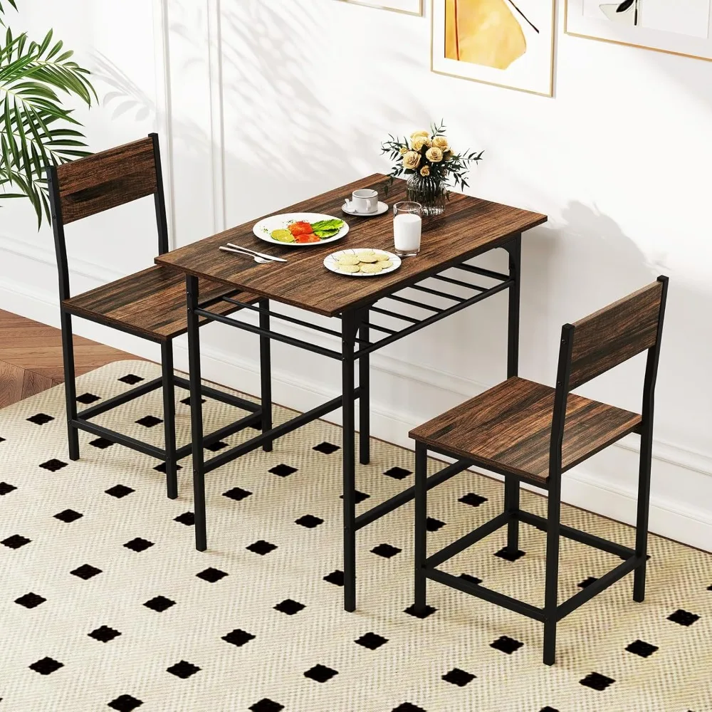 

3-Piece Dining Table Set for 2, Rectangular Wood Kitchen Table & Chair Set with Metal Frame, Storage Rack, Space-Saving