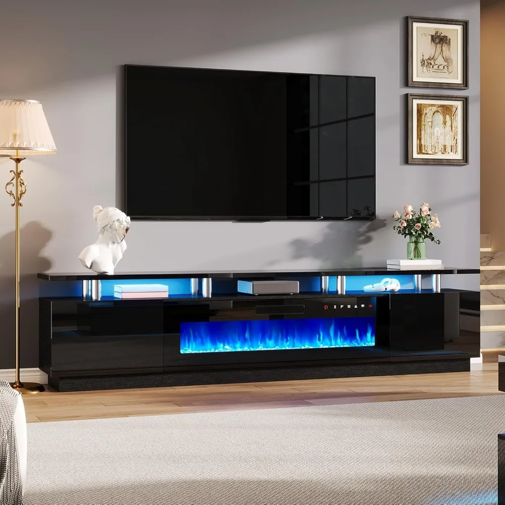 

Глянцевая 2-уровневая подставка для телевизора высотой 90 дюймов с электрическим камином 50 дюймов, современный роскошный большой развлекательный центр/с светодиодной подсветкой, медиаконсоль