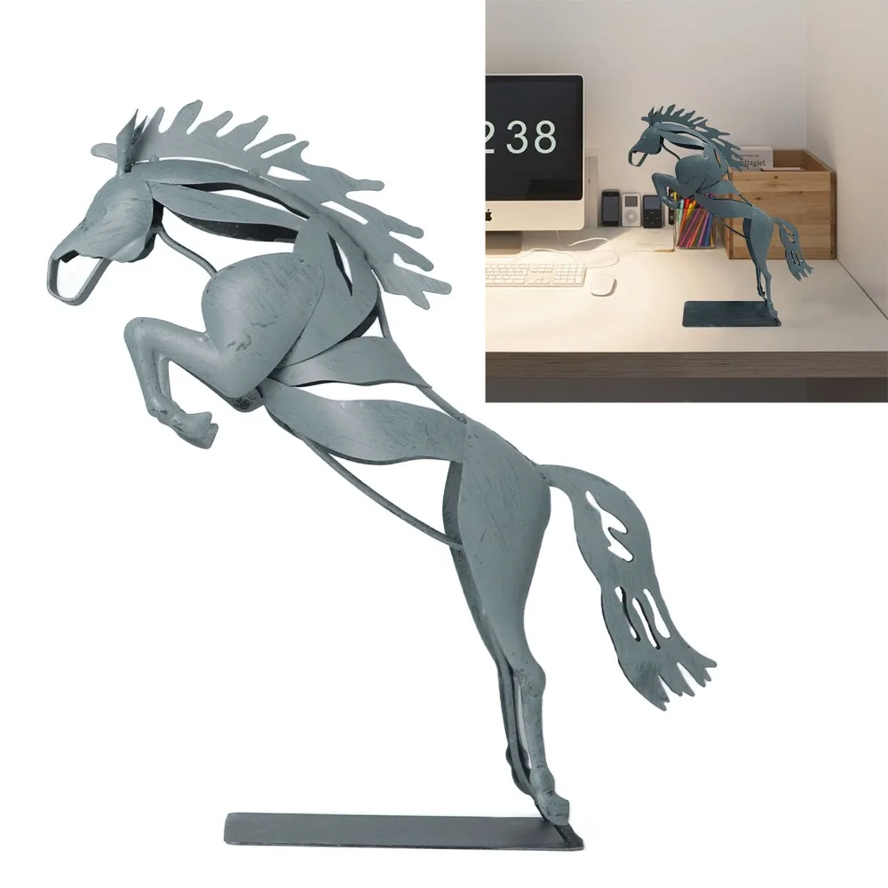 Statues 3D Metal Horse Statue Iron Abstract Horse Figurine Decor Grey Running Horse Statue Desktop Decoration