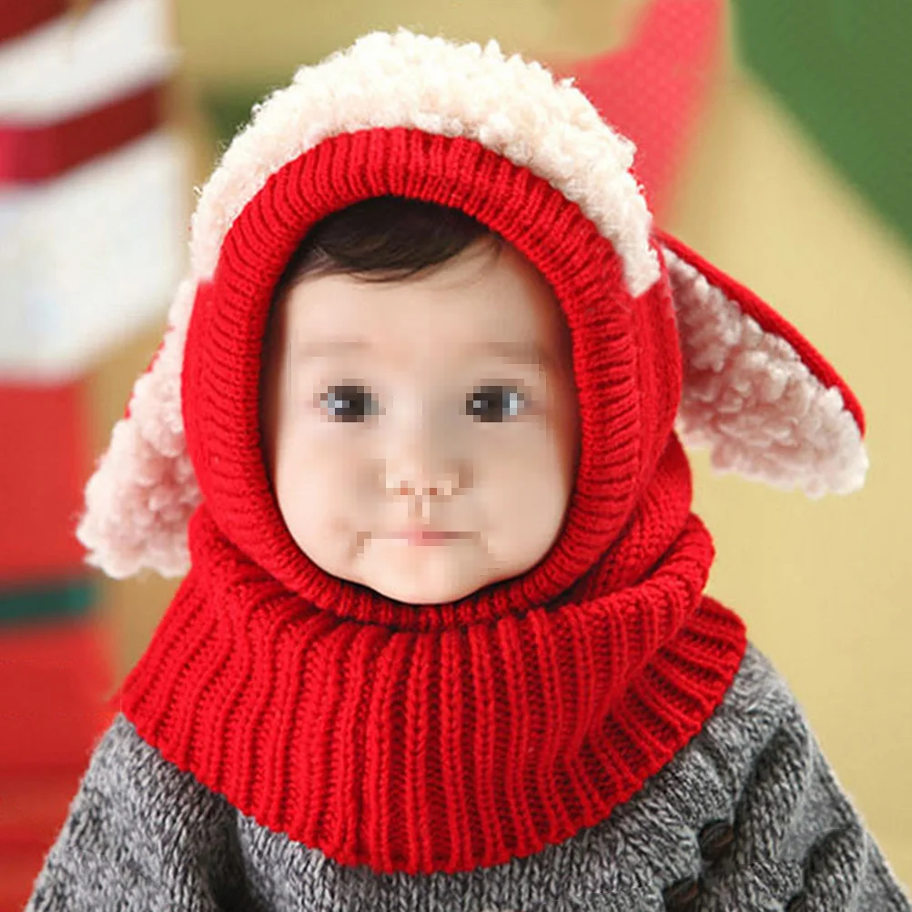 Inverno bebê crianças filhote de cachorro design de malha lã coif capuz cachecol bonés vermelho quente macio elástico grosso bonito meninos meninas chapéu