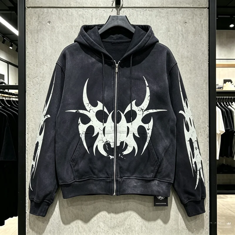 CHEW FOREVER Gothic Tribal Graphic Zip Up Hoodie Men Women Unisex Vintage Washed Distressed Sweatshirts Streetwear Pullovers Y2k