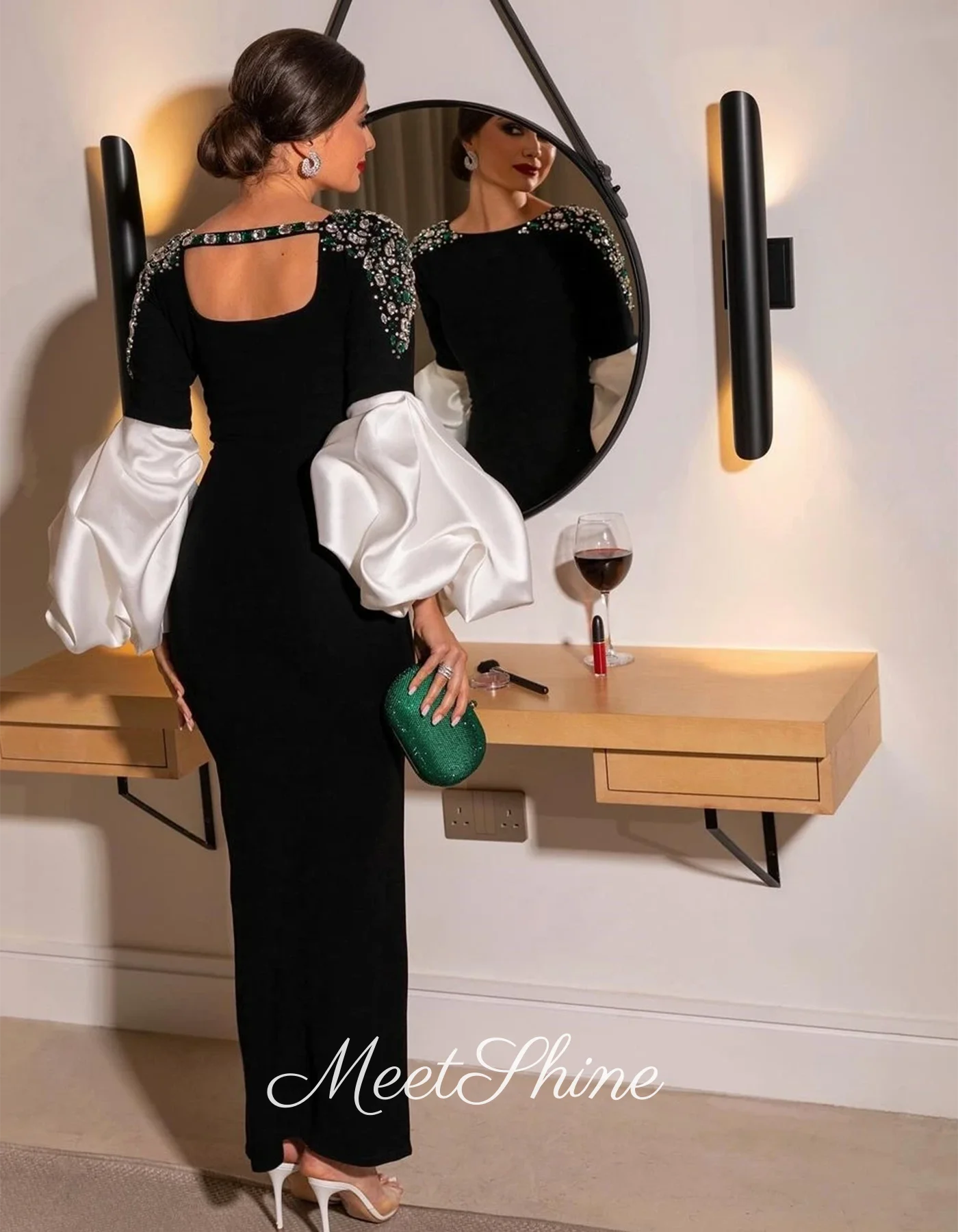 الحديثة س الرقبة الأسود حورية البحر الجانب الشق الحفلة الراقصة الفاخرة مطرز بلورات كشكش الساتان فساتين السهرة فستان الزفاف حسب الطلب #3