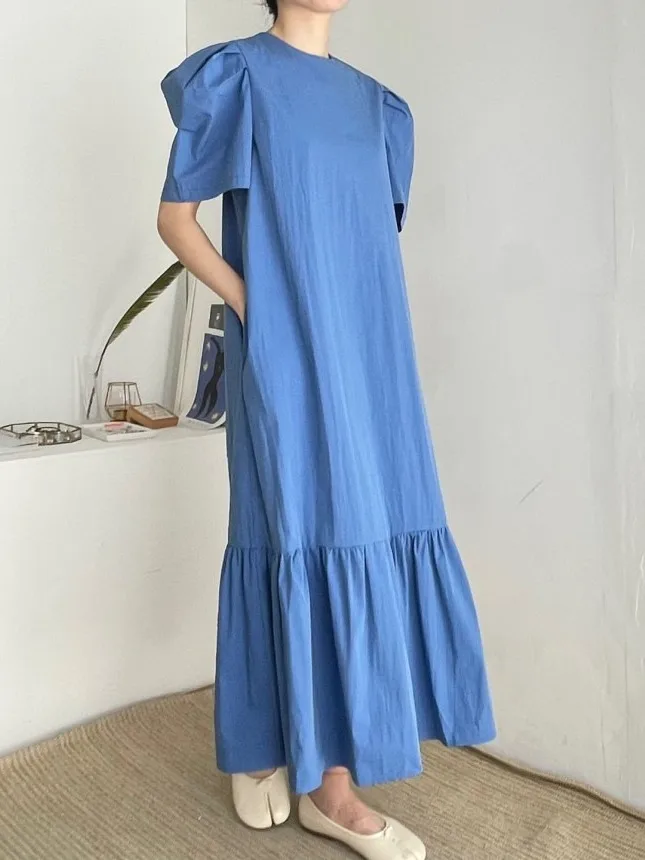 

Summer Chic Vintage round Ne White Enhancing Loose Splice Lace Bubble Sve Long Dr Women's Faionable Simple Color Dr