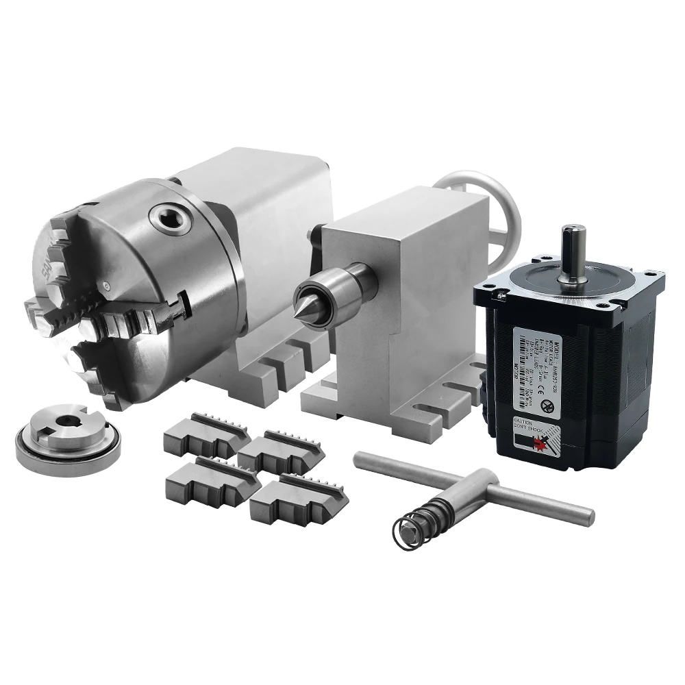 3-Jaw K11-100mm numerical control four-axis indexing head with Nema 34 stepper motor and numerical control router tailstock