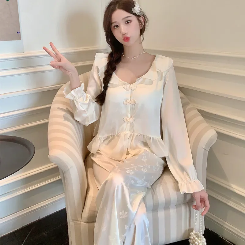 

Two-Piece Pajamas Set Lady Spring Shirt Trouser Pijamas Suit Female Long Sleeve Sleepwear Casual Silky Satin Nightsuits Lingerie