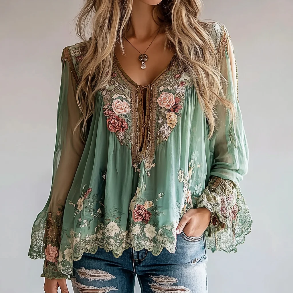 

French Style Women's Blouse V-neck Long Sleeve Floral Print See-through Sleeves Shirt Splicing Asymmetrical Hem Loose Blouse