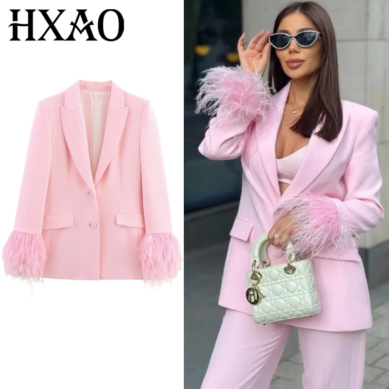

HXAO Women's Suit Pink Feather Blazer Woman Autumn 2025 Elegant Woman Blazer Long Sleeve Fitted Jacket Chic And Elegant Blazers