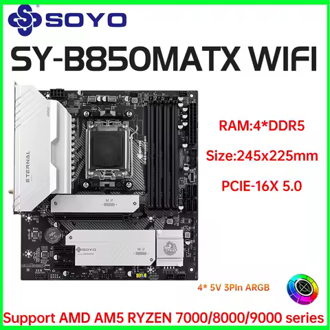 SOYO B850M ATX AMD Motherboard AMD Ryzen AM5 DDR5 Supports CPU 7000 8000 9000 Processors Pcie5.0x16 Pcie4.0x4 M.2 ARGB WIFI6