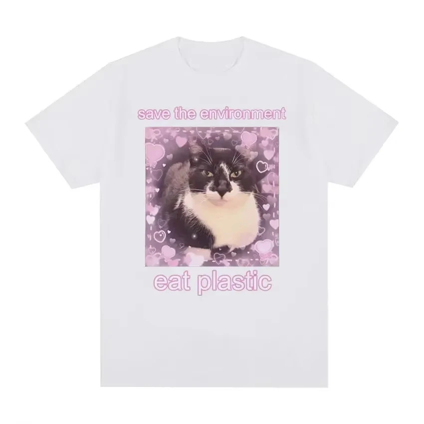 The Environment Eat Plastic Cute Cat Graphic T Shirt Funny Y2k Daily Wear Save O-Neck Clothing Casual Print T-shirts Unisex