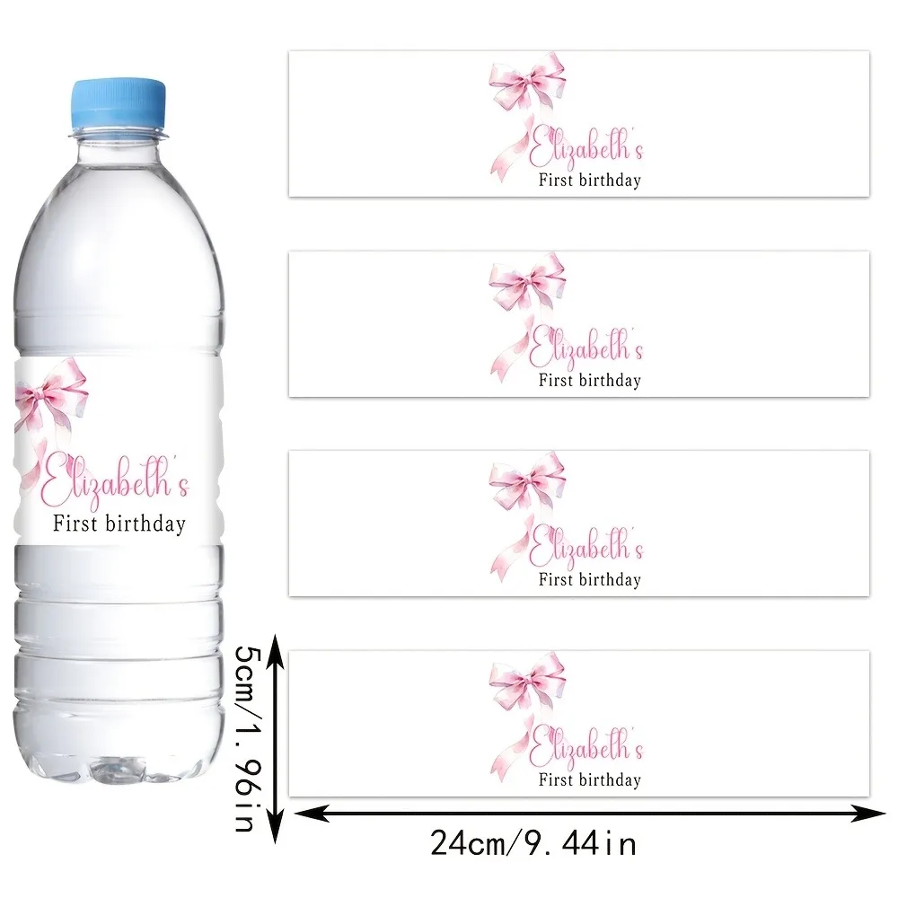 Pink Bow Water Bottle Stickers 20/50Pcs Personalized Name Custom Labels Girl Birthday Party Decorative Sticker Supplies