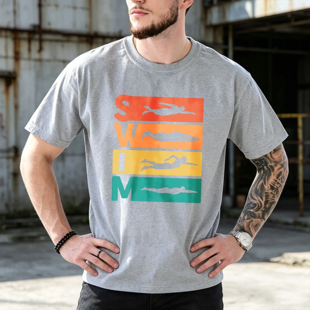 SWIM Four Swimming Stroke Retro Color Block Silhouette Graphic T-Shirt Unisex Soft Cotton Competitive Swimmer Casual Fan Apparel