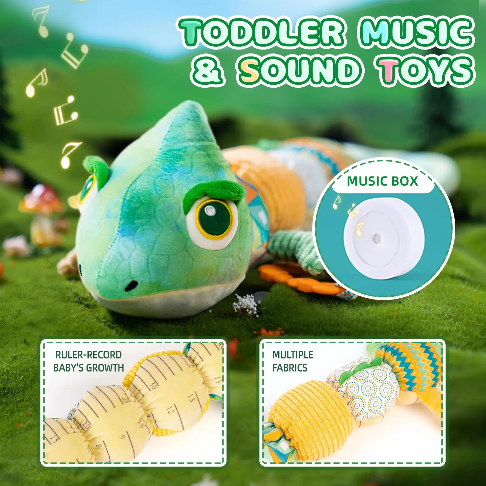 Juguetes de animales de peluche musicales para bebé, camaleo infantil con sonajeros, juguetes de dentición de BellBaby arrugados para el tiempo de barriga, sensorial para recién nacido