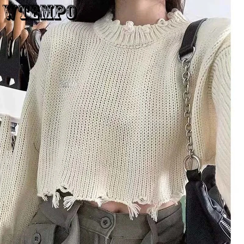 

Ripped Cropped Knitted Sweater Women Thin Outer Wear Long Sleeve Crew Neck Top Solid Color Pullover Irregular Design Loose Punk