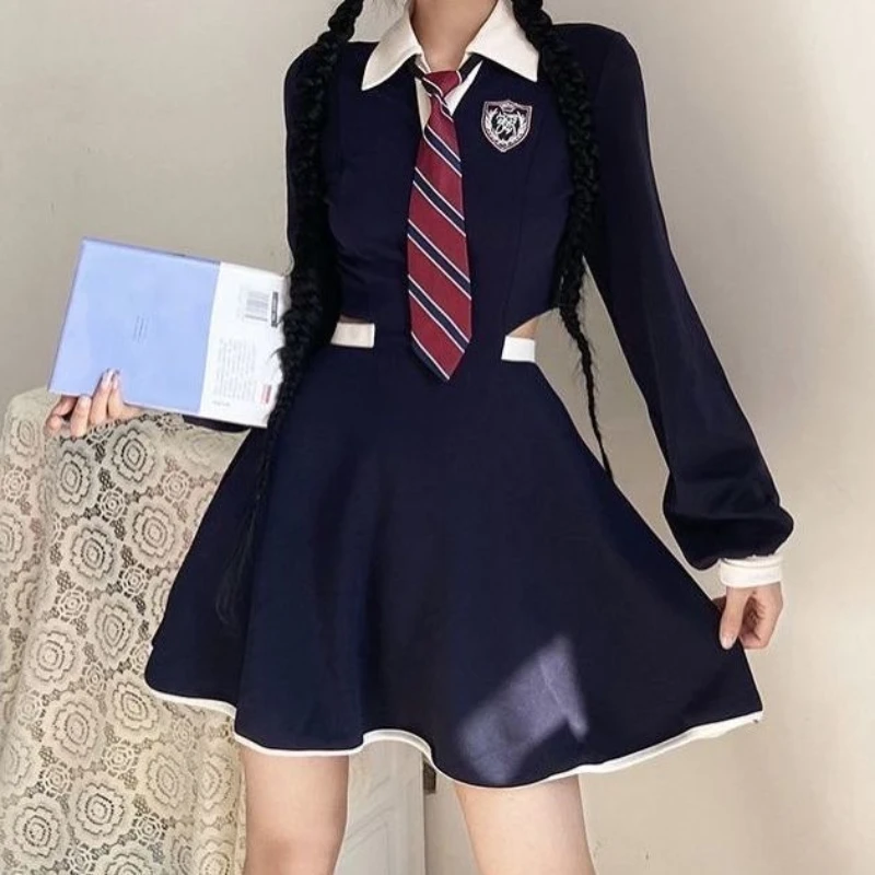 College Style Dress Female Autumn Spicy Girl Exposed Waist A-line Short Skirt