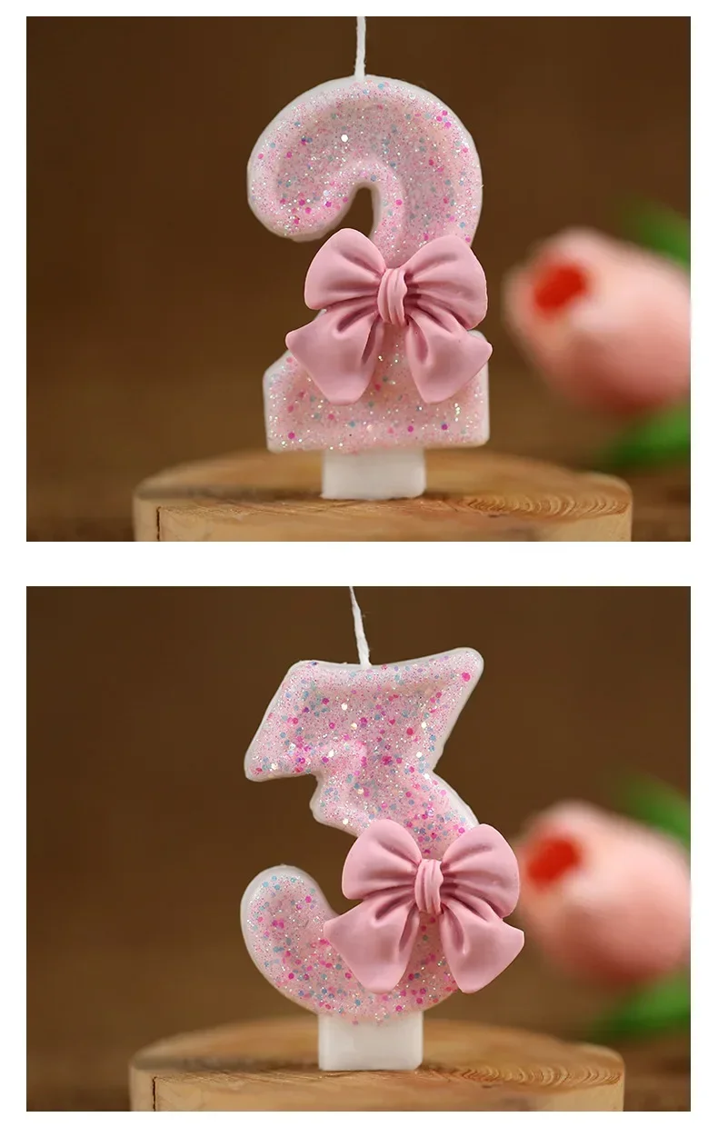 Cute Pink Bow 3D Number Cake Candles for Birthday Party Decorations Birthday Decoration Cake Decorating Tools