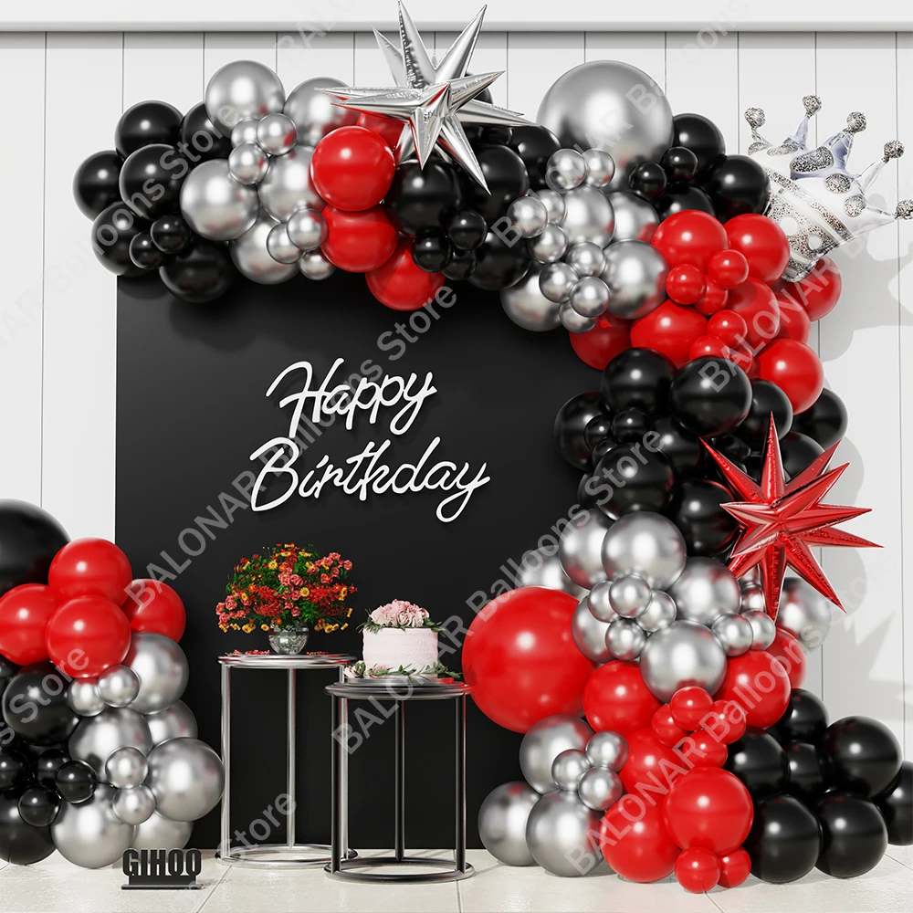 133PCS Black and Red Silver Balloon Garland kit Silver and Crown Star Balloons for Birthday Party Wedding Graduation Decorations