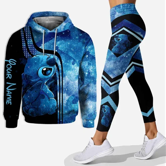 Hoodie wanita, Hoodie Disney Stitch, setelan legging Hoodie 3D, celana Yoga Stitch, pakaian olahraga mode, setelan Yoga Disney