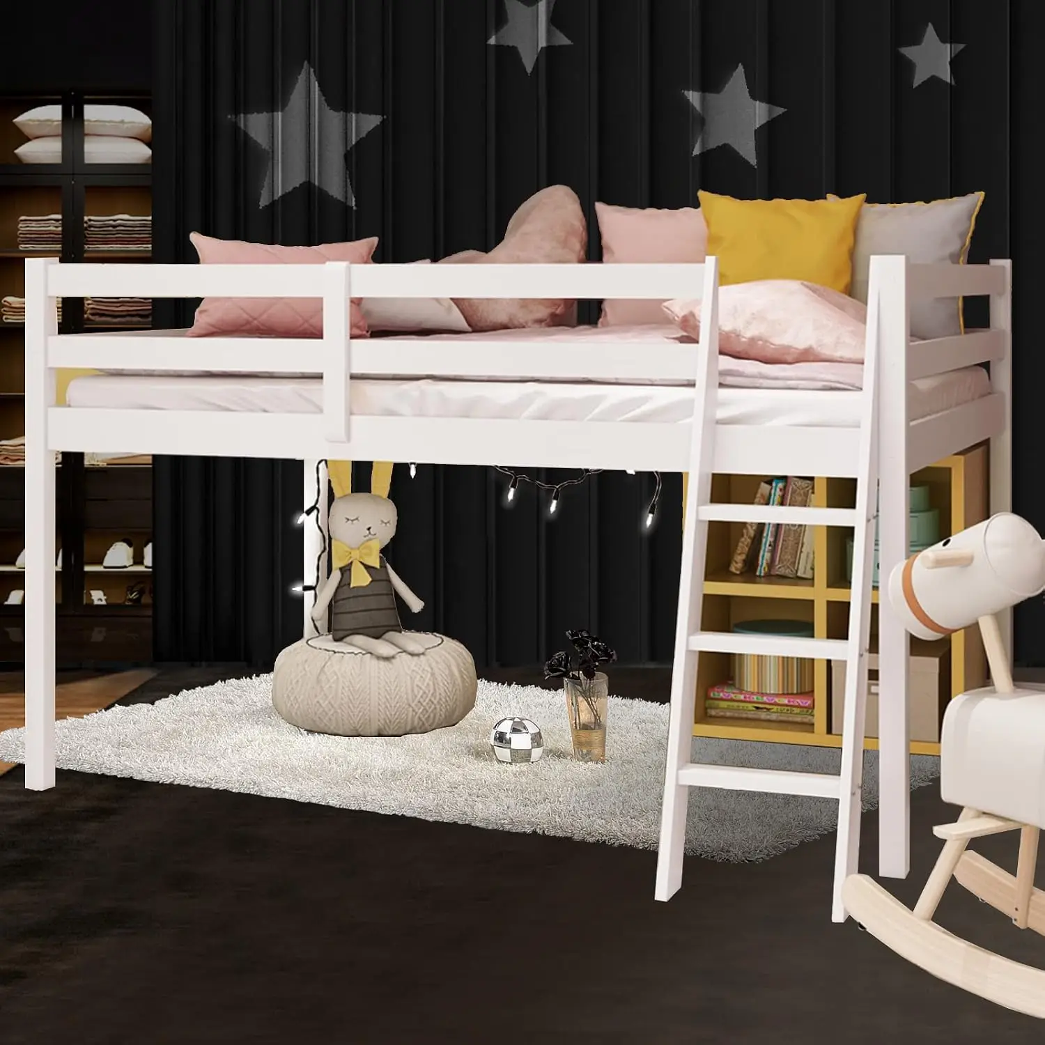 Low Loft Bed Full Size with Inclined Stairs, Junior Loft Bed with High Guard Rail /Young Teens/Adults,, Customized