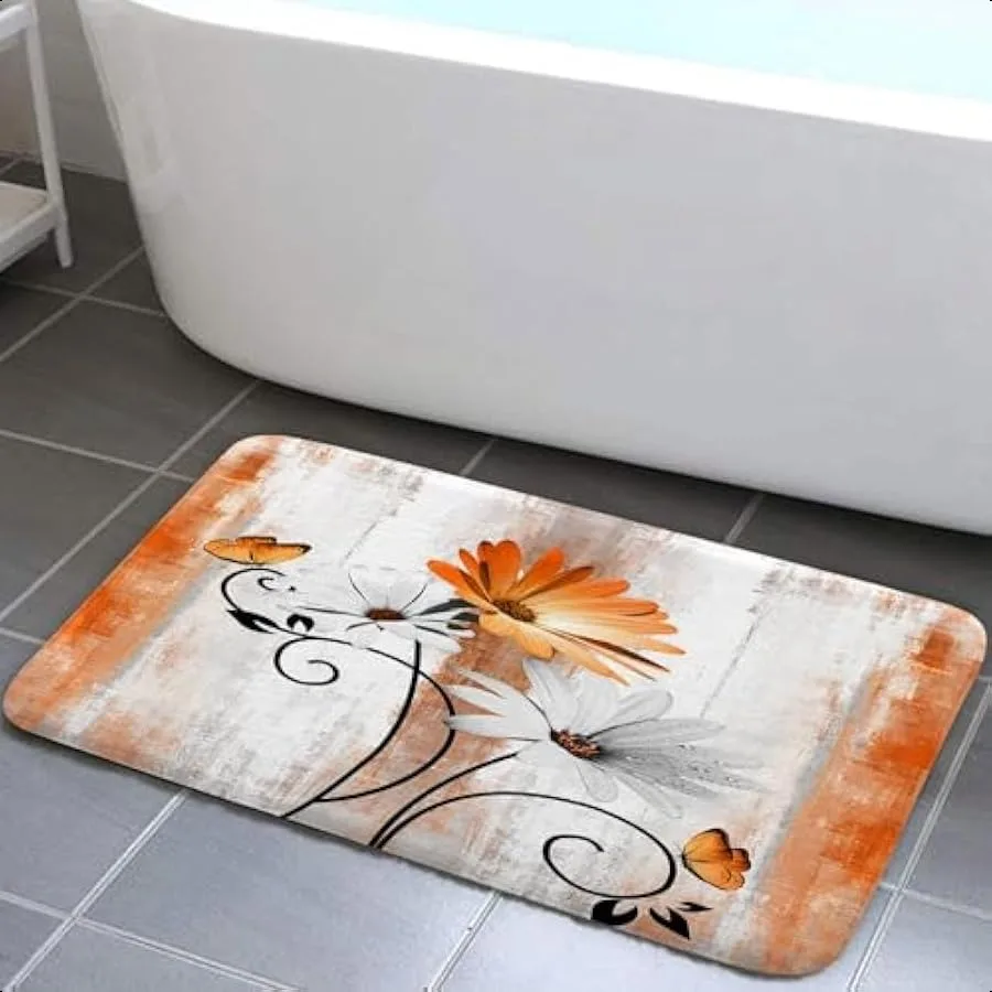 

Rustic Farmhouse Bath Rug Farm Orange Daisy Floral Flowers and Butterfly on Country Wooden Autumn Bath Mat Yellow Grey Kitchen