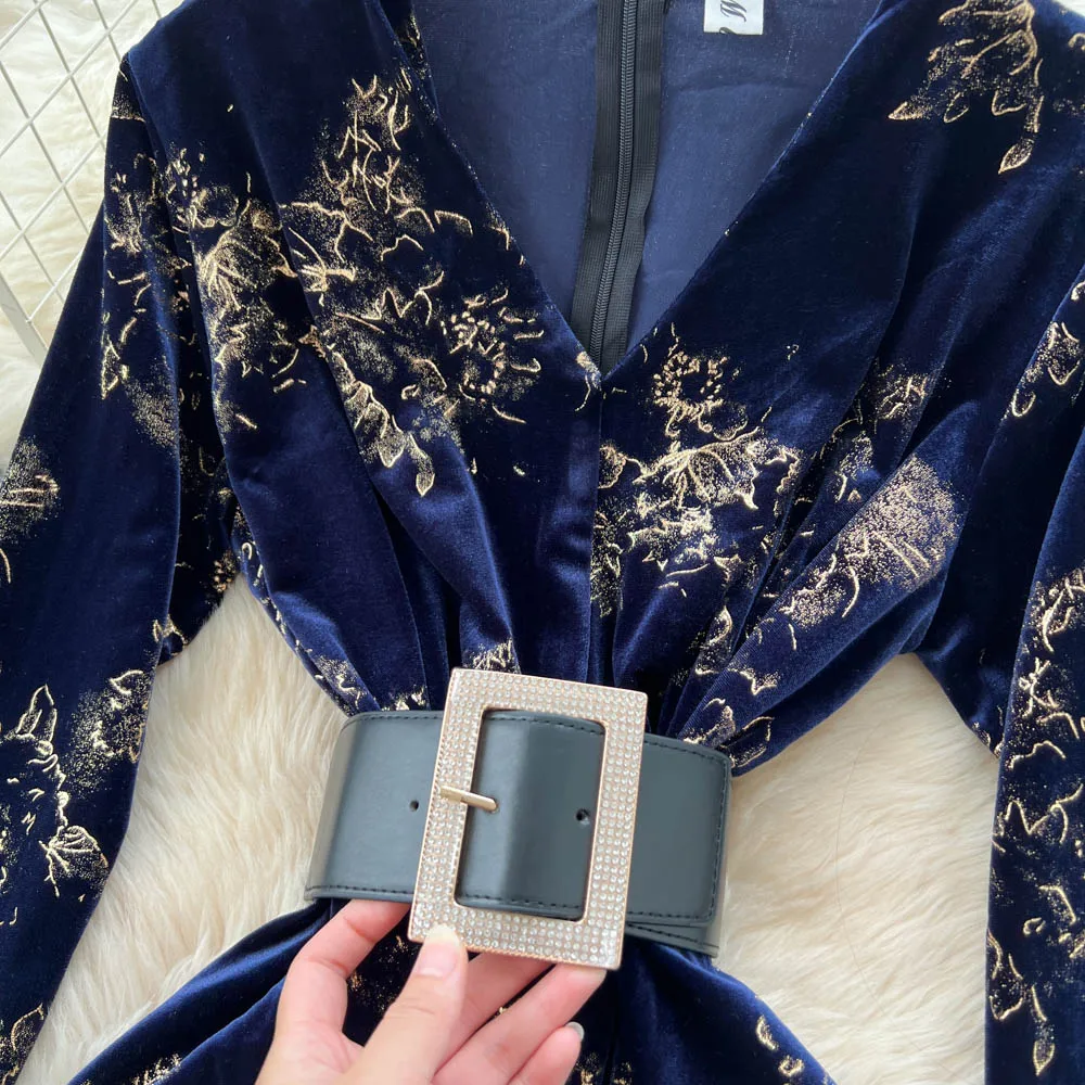 Elegancka sukienka z długim rękawem, z weluru, z nadrukiem, w kształcie litery A, moda koreańska, sukienki na ceremonie, odzież damska