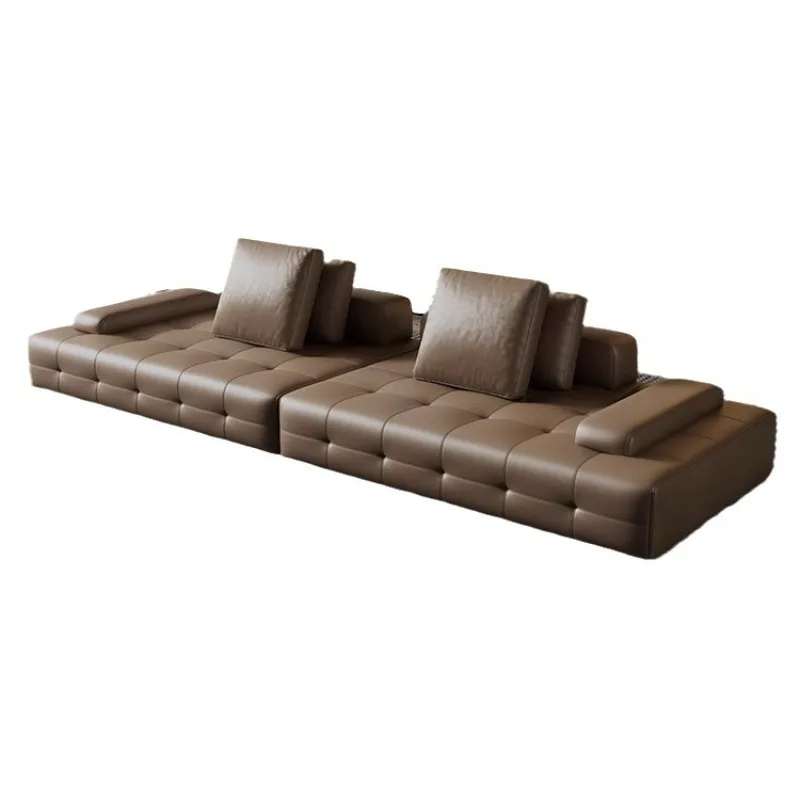 Italian minimalist leather sofa first layer cowhide fabric double-sided living room modern villa large apartment design