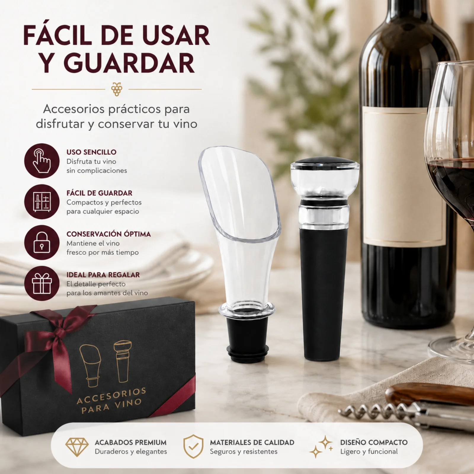 Ensemble à vin 2-en-1 avec oxygénateur aérateur et bouchon hermétique sous vide, verseur anti-goutte en plastique et silicone pour la préservation des arômes et des saveurs, accessoires de bar professionnels
