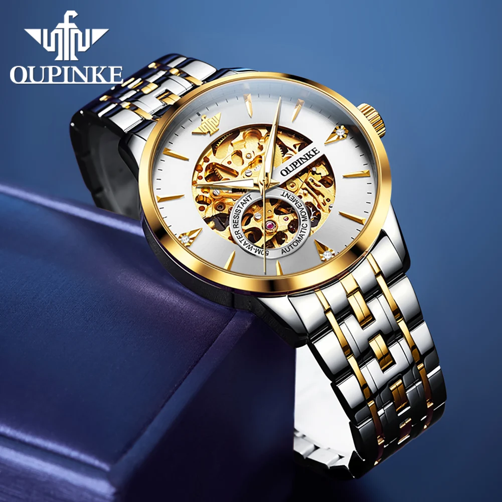 OUPINKE Luxury Fully Hollow Men Mechanical Watch Imported Brand Movement Men  Watch Top Business Fashion All Gold Men Watch 3308