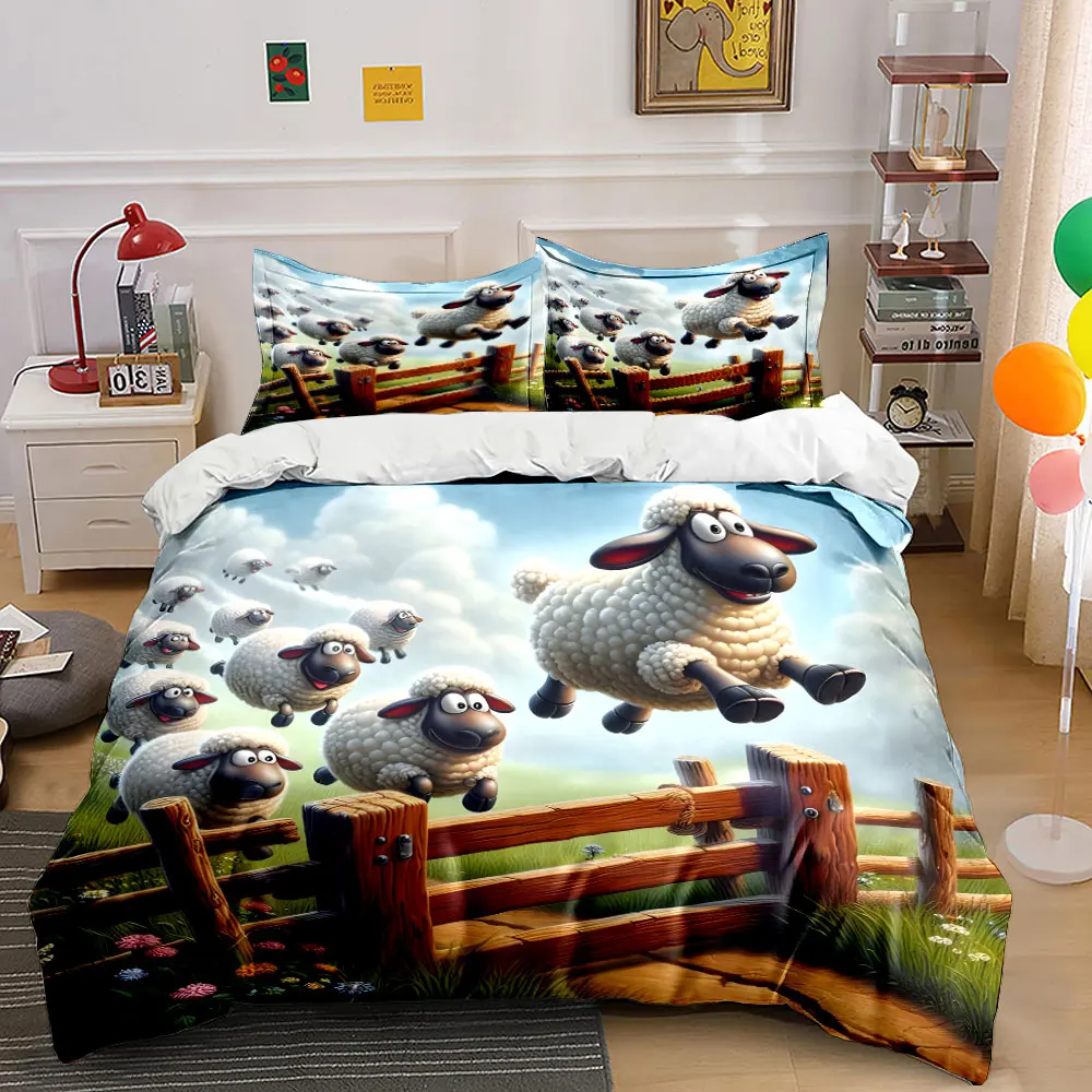 Playful sheep jumping over fence Pattern Duvet Cover Set Digital Print Colorful Polyester Bedding with Zipper Closur for gifts