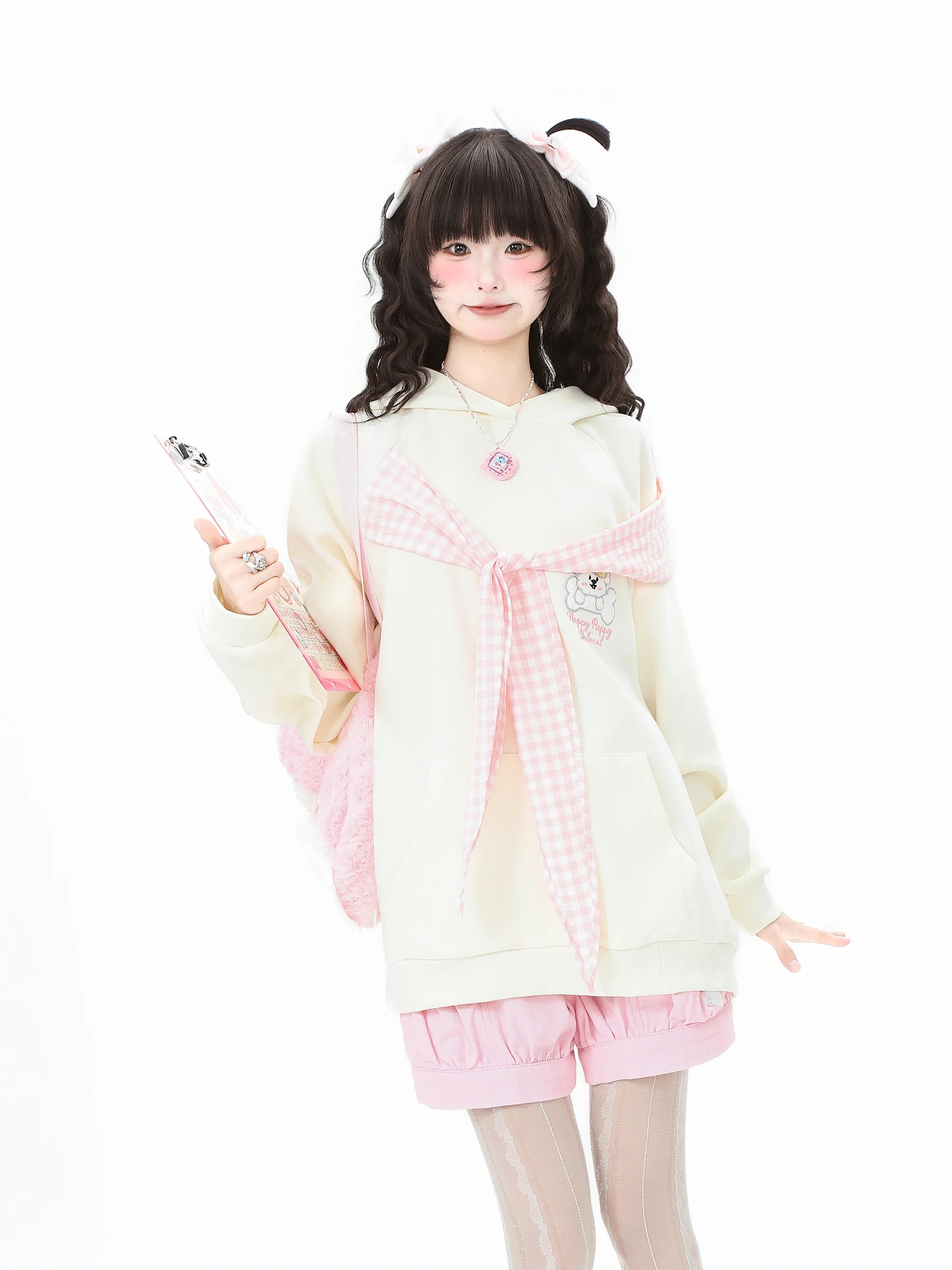 2025 Spring and Autumn New Sweet Blue Bow Tie Hooded Sweatshirt  Apricot Bear Embroidery Top Blue Short Skirt and Pink Shorts