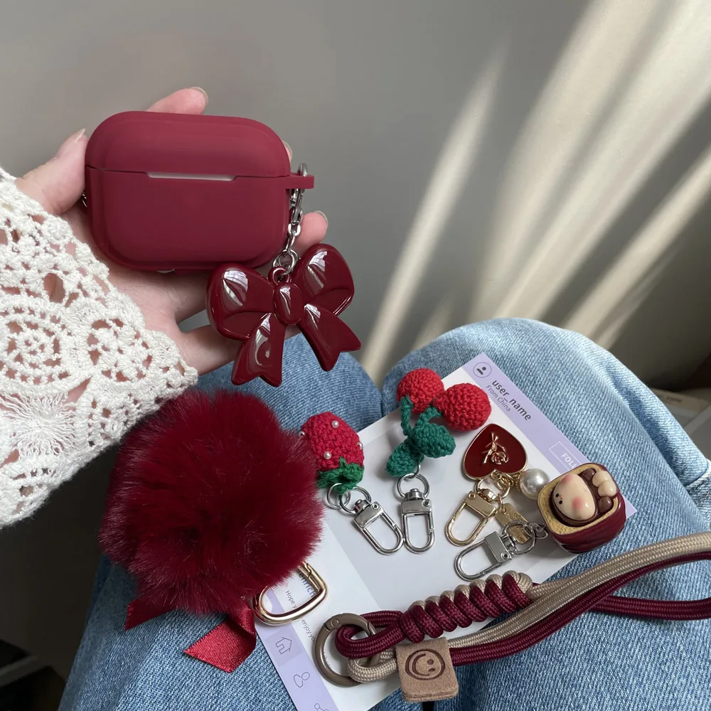 Wine Red Silicone Earphone Case for AirPods 5 Pro3 2025 Cover with Hairball Cherry Bow Keychain for AirPods 2 3 4 Pro Soft Case