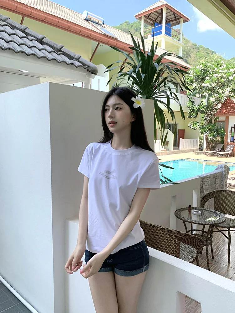 White Printed Short Sleeve T-Shirt Women's Summer Slim Fit Beautiful Short Style Korean System Correct Shoulder Small Wooden ...