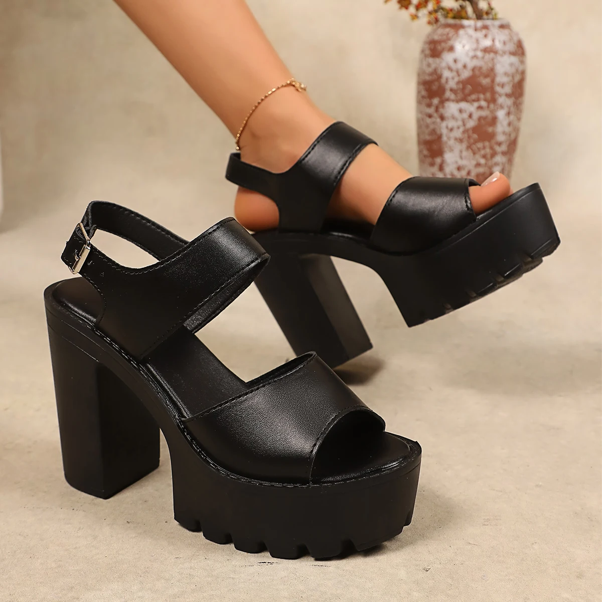 

Summer Women New Sandals 2026 High-heeled Platform Sandals for Women Leather Thick Sole Buckle Strap Fashion Shoes for Women