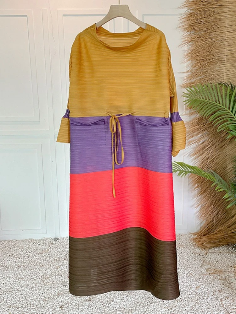 Miyake Color Matching Pleated Horn Sleeve Dress Fashion Gradual Change Loose Elegant Light Luxury Long Dresses Women Summer New