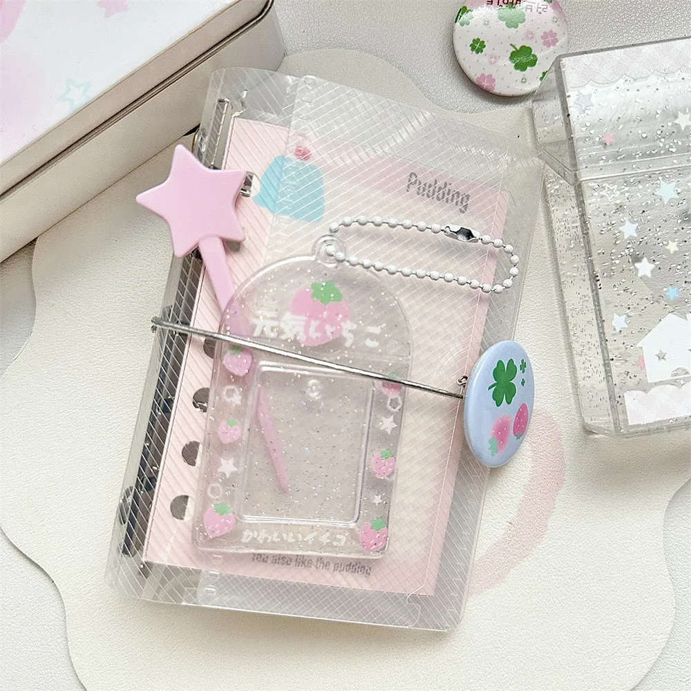 INS Glitter 2 inch ID Photo Sleeves Transparent Photocard Holder Keychain Bag Pendant Sweet Strawberry Mini Photo Card Holder