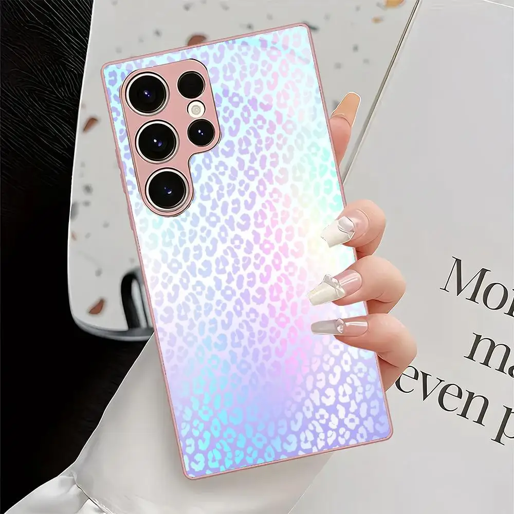 Gradient light leopard print glass phone case suitable for Samsung Galaxy S26 S25 S24 S23 S22 S21 S20 FE/Ultra/Plus anti drop