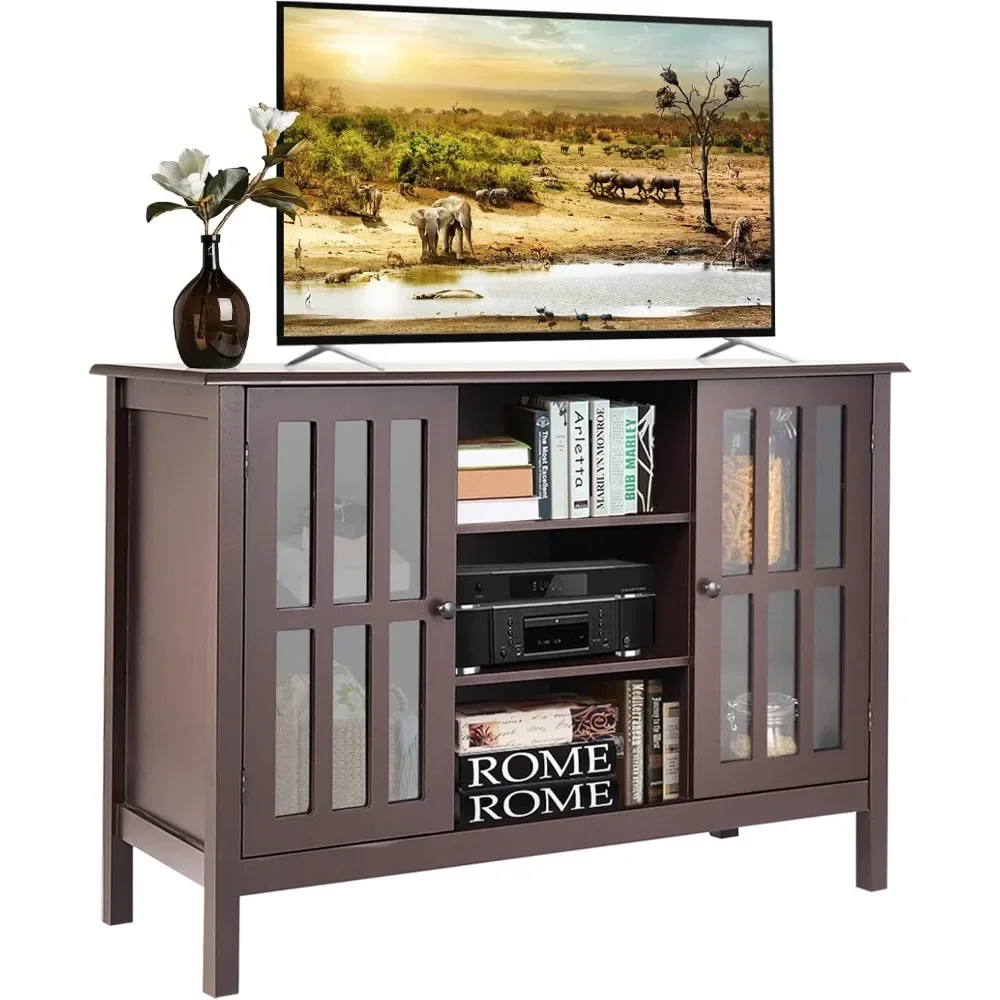 Wooden TV Stand, Console Table with Open Shelves and 2 Tempered Glass Doors, TV Cabinet Entertainment Center for TVs up to 50