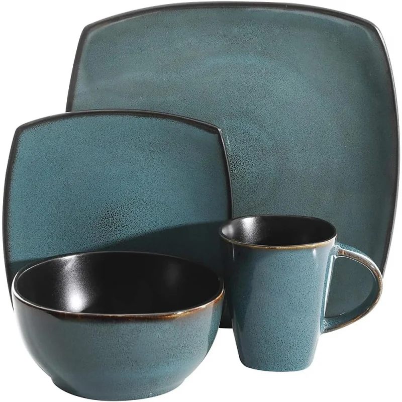 

Modern 16 Piece Reactive Glaze Dinnerware Set, Soft Square, Teal Green, Service for 4