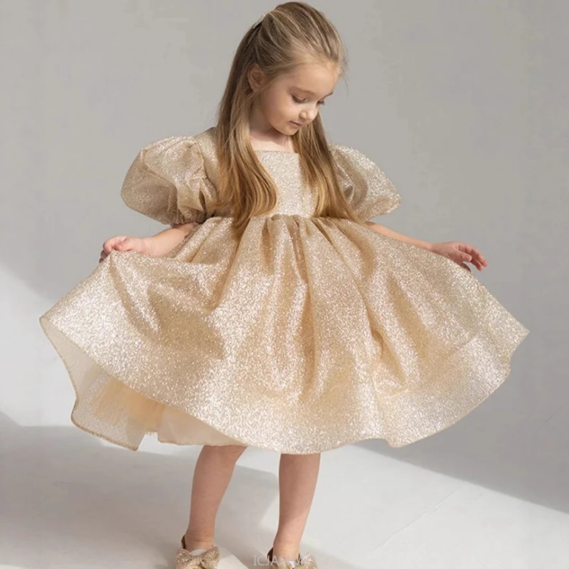 

Girls Party Dresses Vestido New Glossy Girl Kid Dress Children Costume Puff Sleeve Elegant Back Bow Princess Gown Sweet Outfit