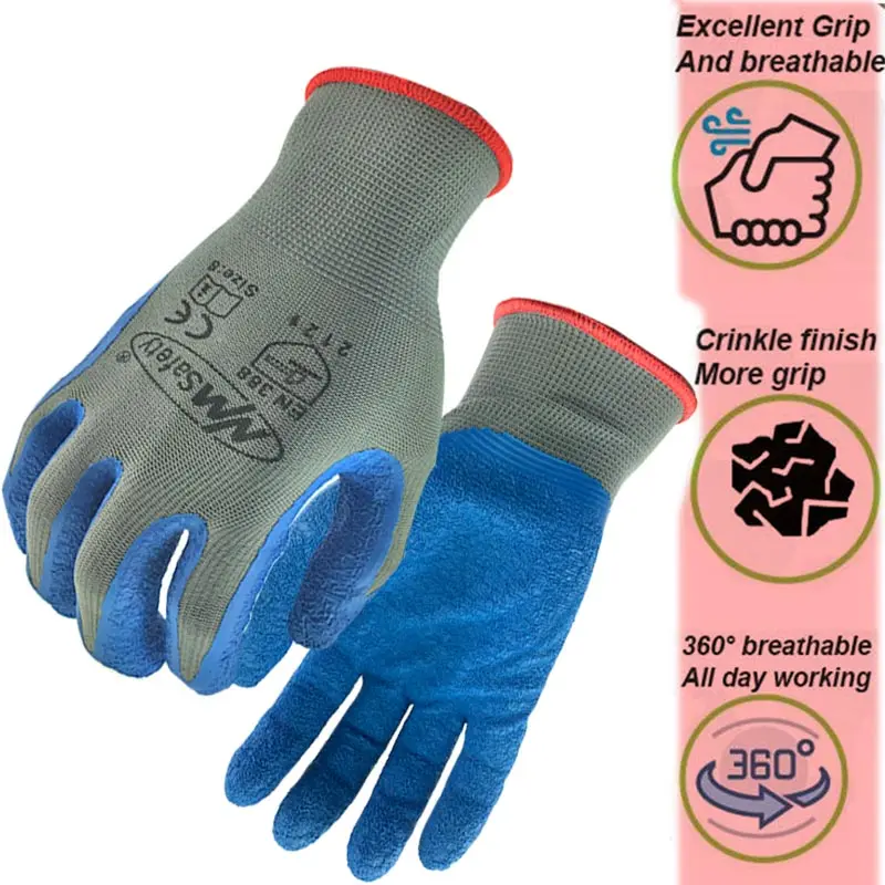 NMSafety 12 Pairs Protective Work Glove For Garden Industry with Colorful Polyester Dipping Rubber Latex Safety Working Gloves