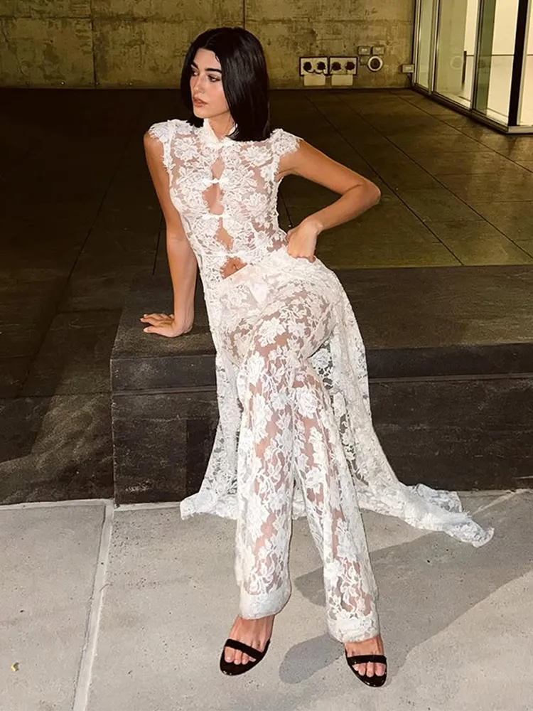 Sexy Women's See Through Lace Long Blouses Pants Set Hollow Out Sleeveless Frog Button Slit Top Wide Leg Pant 2026 Summer Outfit