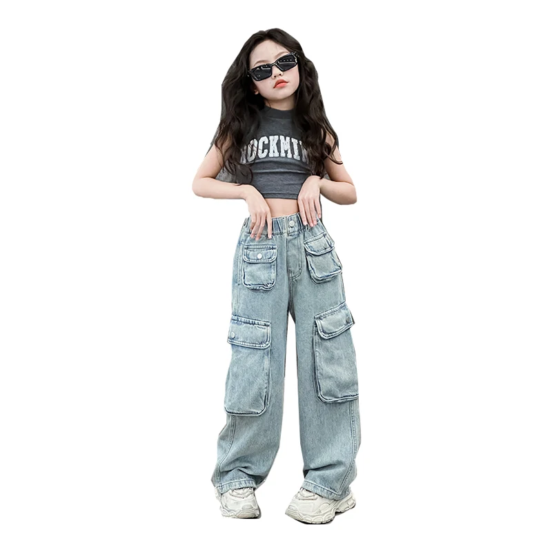 Fashion Girl Summer Fall Jeans 2024 New Children\'s Cargo Pants Wide Leg Long Pants Kids Soft Multiple pocket Denim Thin Trousers